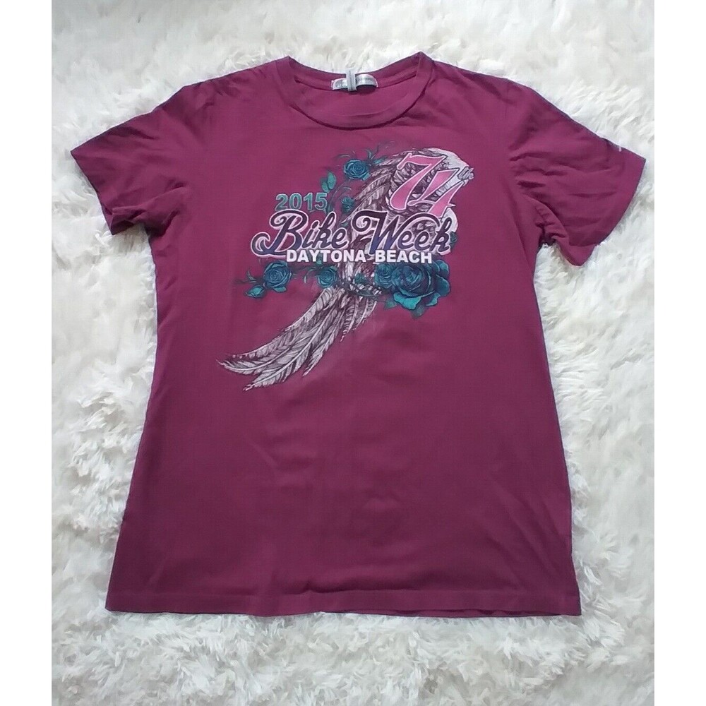 Bike Week Daytona Beach 2015 74th Women’s Graphic Tee Size L Angel Wings Flowers
